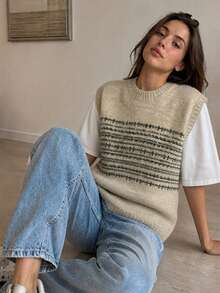 Women Fair Isle Pattern Round Neck Knit Vest, Casual Sleeveless Sweater Vest For Fall Daily Layering - Khaki - View 4