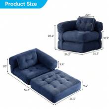 L-Shaped Corduroy Folding Sofa Bed, Multi-Functional Convertible Lazy Sofa For Small Spaces - Navy Blue - View 2
