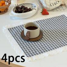 1pc/2pcs/4pcs Korean Style Heart Lace Trim Plaid Placemats, Vintage Checkered Fabric Table Mats, Home Afternoon Tea INS Style Table Decor Mats - Multicolor - View 14