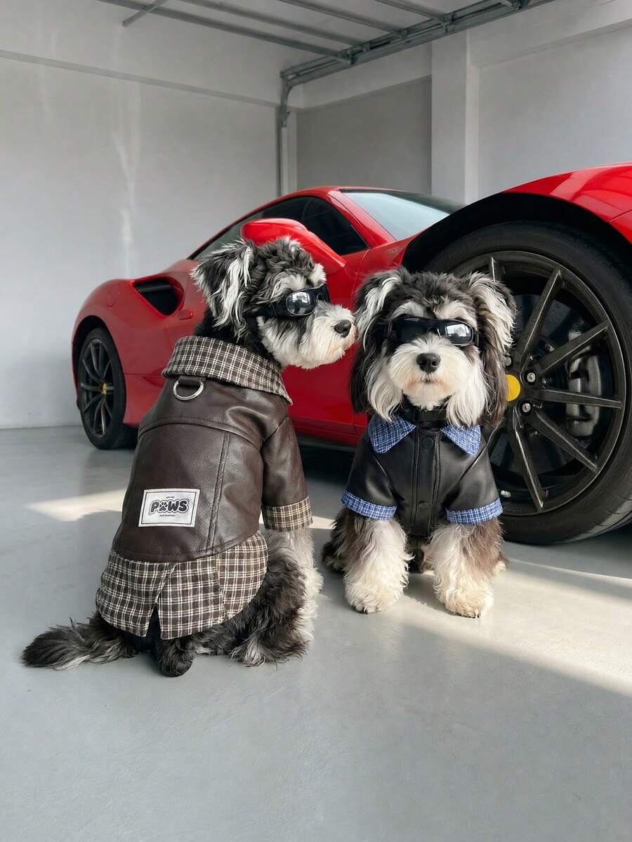 Patchwork Plaid Pet Leather Jacket, Small Cat & Dog Autumn/Winter Motorcycle Style Coat - Brown - View 1
