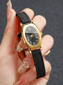 Women's Gift Watch With Embossed PU Leather Strap, Oval Roman Numeral Dial, Luxury Niche Wristwatch, Gift For Best Friend (1pc/Set), Watch Box Not Included - Black - View 2