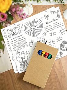 Juego de actividades con temática de boda interactivo, incluye felpudo de bienvenida y tarjetas para colorear, viene con rompecabezas, juegos de números y patrones de corazón & pastel; material de papel, apto para uso con crayones, ideal como recuerdos de boda o actividades de entretenimiento para invitados - Multicolor - Ver 3