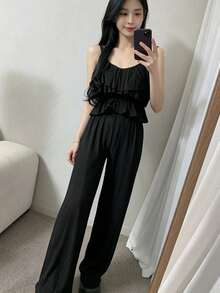 YCYC 女款休閒度假純色極簡主義吊帶背心與長褲兩件套 黑色優雅夏季 - 黑色 - 查看 5