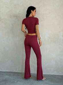 Women's Autumn Fashion Solid Color Casual Ribbed Short Sleeve Top And Straight Leg Pants 2 Pieces Set - Burgundy - View 6