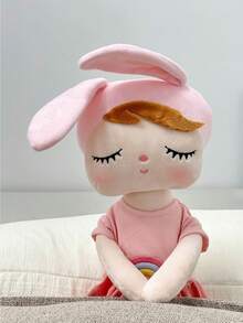 1pc 45cm/17.72in Cute Pink Rabbit Ear Plush Doll With Rainbow Embroidered Gray Strap, Soft Stuffed Sleep Companion Suitable For Girls, Cartoon Rabbit Ear Plush Doll, Ideal Birthday Gift And Bedroom Decor For Children And Toddlers - Multicolor - View 4