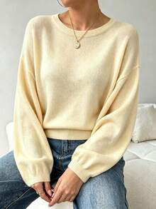 Plus Size Women Solid Color Round Neck Drop Shoulder Knit Sweater Autumn Winter Slouchy Loose Plus Size Long Sleeve Soft Pullover - Yellow - View 2