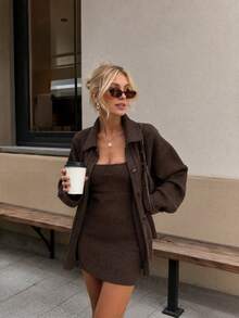 American Style Loose Knit Cardigan With Lapel Collar + Fashionable Spaghetti Strap Dress 2 Pieces Set - Brown - View 2