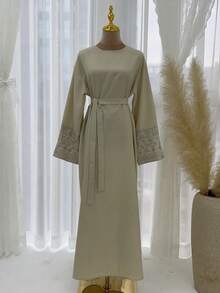 Gaun Abaya Muslimah Sederhana, Gaun Maxi Longgar Lengan Panjang dengan Bordir Bunga, Abaya Kasual untuk Pakaian Sehari-hari Wanita Muslim - MultiWarna - View 14
