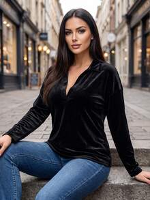 Elegant Women's Velvet Long Sleeve Top With Collar, Fashionable V-Neck Knit Shirt, Suitable For Autumn Wear - Black - View 5