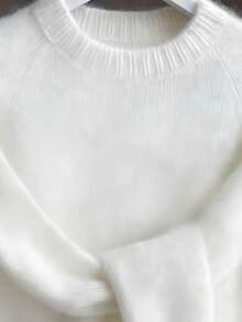 Women's Plus Size Cream Round Neck Ribbed Drop Shoulder Long Sleeve Knit Sweater, Comfortable Casual Y2K Fashion Style, Suitable For Halloween, Christmas, New Year, Autumn/Winter Season - White - View 8