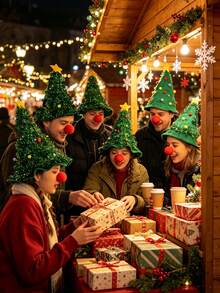 10pcs Creative Christmas Tree Hat & Red Nose Set, Gold Sequin Christmas Tree Hat Set (Includes Christmas Hat And Clown Nose), Suitable For Christmas Decoration, Holiday Costume, Tree Topper Hat, Party Decor, Christmas Gift, Christmas Stocking Filler, Photo Props - Multiple Styles - View 3