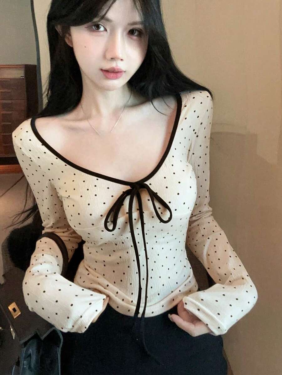 Sweet & Spicy Style Contrast Color Black Trim Bowknot Polka Dot Top, Slim Fit Cropped Long Sleeve Inner Layer, Random Pattern Cut - Apricot - View 1
