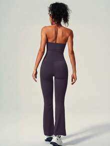 UONNOU Peach Butt-Lifting Flare Leg Jumpsuit, Square Neck Square Neck Backless Yoga Jumpsuit - Purple - View 9