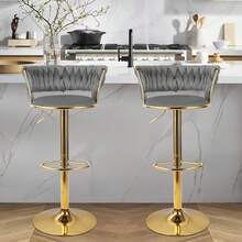 Nalupatio Set Of 2 Luxurious Bar Stools With Velvet Upholstery, Backrest & Footrest – Height Adjustable & Swivel, With Gold Metal Base - Dark Grey - View 7