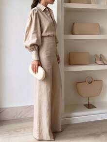 Women's Spring/Autumn Elegant Lantern Sleeve Solid Color Turn-Down Collar Blouse + High Waist Wide Leg Long Pants 2 Pieces Set - Apricot - View 4