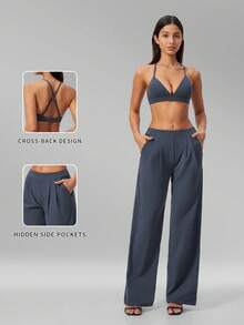 MFVIM Women's Solid Color Bra + Leggings 2 Pieces Set, Versatile Outdoor Running Sports Fitness Outfit - Dusty Blue - View 4