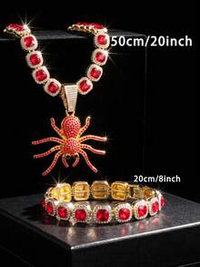 Men Halloween Gothic Bling Red Spider Jewelry , Red Square Rhinestone Necklace & Bracelet Kit For Cosplay Party - Spider Pendant - View 6