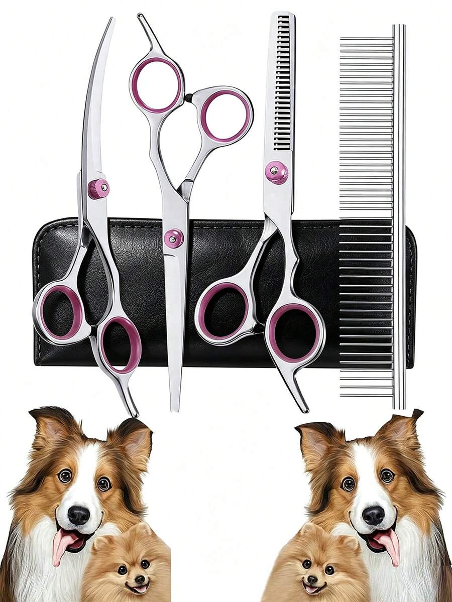 Professional Pet Grooming Scissors Set, Pet Hair Trimming Curved Scissors, Straight Scissors, Bangs Scissors, Nail Clippers, Thinning Scissors, Suitable For Cats, Dogs, Rabbits And Other Pets - Multicolor - View 1