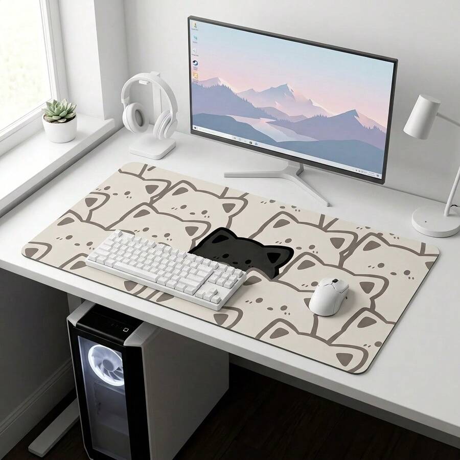 Cute Cat Face Mouse Pad Black & White Playful Design Extra Long Gaming Desk Mat Set, Non-Slip Durable Rubber Bottom, Smooth Surface Suitable For Computer Laptop Office Home, Abstract Art Decor, Back To School Supplies - A - View 1