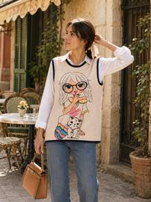 New Women's Autumn Round Neck Sleeveless Tank Top, Cartoon Girl Print, Colorblock Knit Trim, Suitable For Casual Outfits Fall - Apricot - View 6
