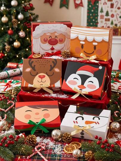 1/6pcs Cute Christmas Gift Boxes With Lids And Ribbon,Foldable Candy Cookie Goodie Boxes For Holiday Snack Packaging,Ideal For Christmas Party Favors,Home Decor,Xmas Gift Giving, Winter Festival And Seasonal Festive Gift Wrapping Supplies