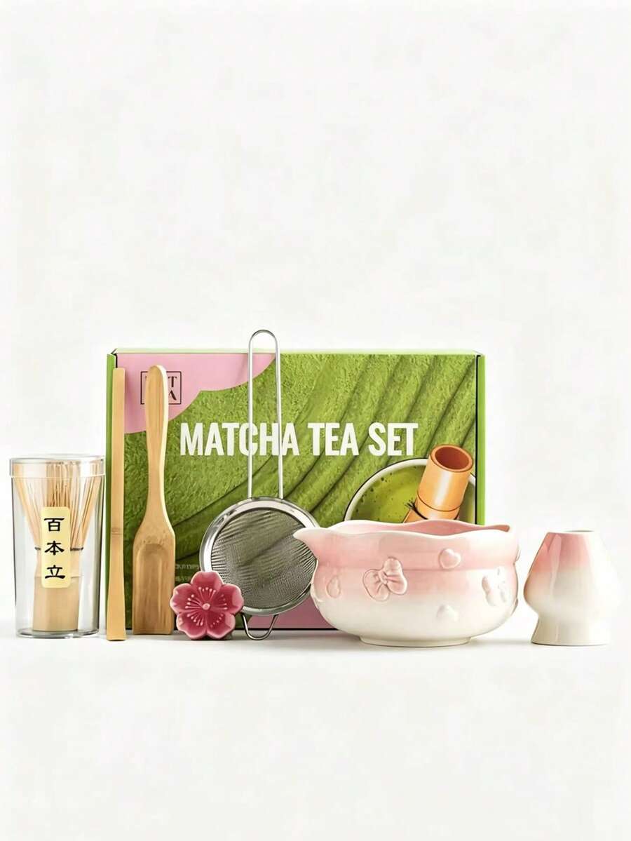 Luxury Japanese Matcha Tea Set 1/7pcs Bowknot Heart Gradient Pink/Green Matcha Bowl Set With Bamboo Whisk, Tea Scoop, Sifter And Whisk Holder Tea Ceremony Gift Set Suitable For Tea Lovers Home Decor (Includes Random Packaging Box Design), Matcha Bowl, Matcha Plate, Matcha, Matcha Tools, Matcha Accessories, Matcha, Matcha Tools, Cup, Matcha Accessories, Complete Matcha Utensils, Ceramic, Teapot, Autumn Decor, Autumn Display, Home Decor And Accessories