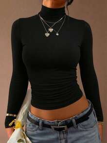 SDNGEDY2K Kaos Wanita Polos Lengan Panjang Kerah Tinggi Model Crop, Musim Semi/Musim Gugur - Hitam - View 3