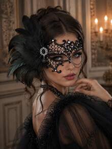 Vintage Gothic Black Lace Feather Masquerade Mask With Rhinestone Chain Eye Cover, Women's Halloween Party Wedding Cosplay Costume Accessory - Multicolor - View 2