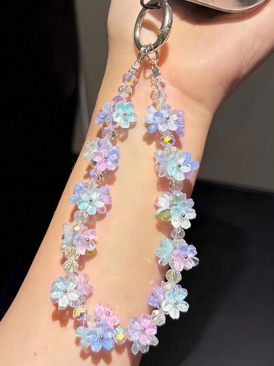 Dreamy Cute Style Macaron Flower Handheld Phone Wrist Chain, Matching Silvery Metal Round Ring Bag Key Pendant, Ethereal Light Portable Decorative Accessory, Suitable For Phone Case, Handbag, Car Key, Earphone Case - Multicolor - View 1