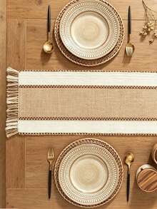 ABEST6522 Home&Living store Poly Linen Blend Woven Table Runner, Farmhouse Style Table Runner With Crochet Trim & Tassel Fringe, Decorative Table Cover For Dining Table, Banquet, Thanksgiving, Christmas & Daily Household Decor - Multicolor - View 13