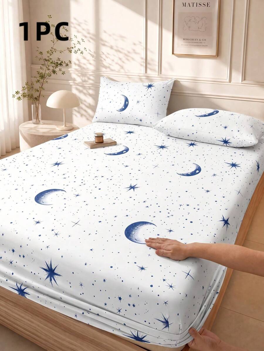 1件時尚白色星星與月亮圖案貼身床單,床墊保護套,床墊套,床單,柔軟透氣,適用所有床尺寸 - 單人床、雙人床、加大雙人床、特大雙人床,深口袋可達11.8英吋,可機洗。返校季,宿舍必需品 - 藍白色 - 查看 1