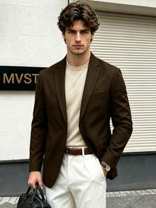 Men's Solid Color Casual Commute Travel Suit Jacket - Brown - View 2