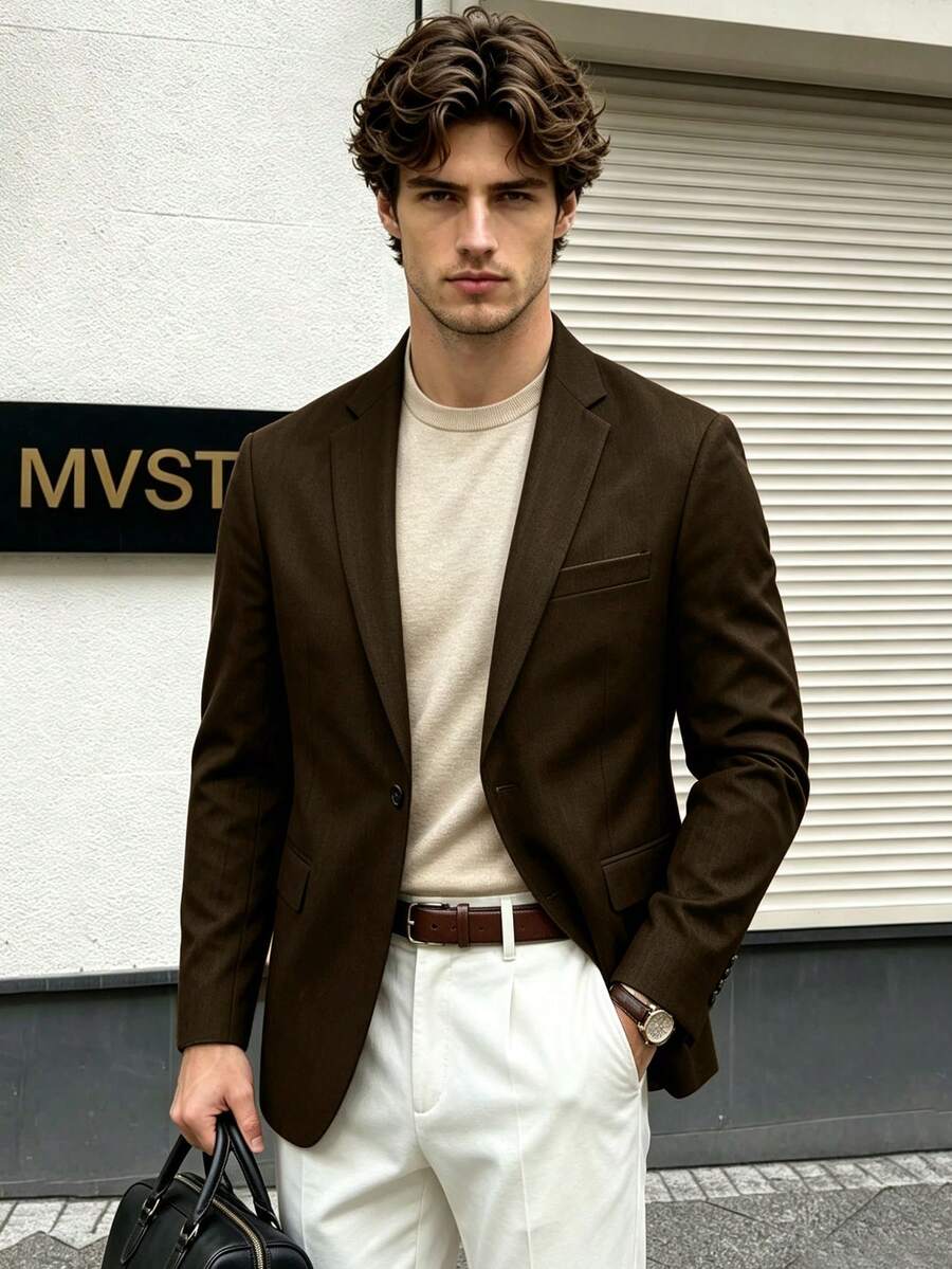 Men's Solid Color Casual Commute Travel Suit Jacket - Brown - View 1