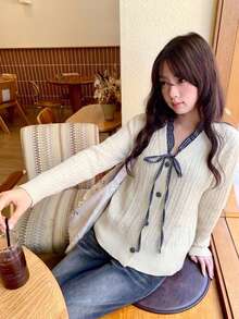 Women's Small Plaid Lace-Up Colorblock Knitted Sweater, V-Neck Single-Breasted Cable Knit Cardigan, Autumn/Winter New Style - White - View 8