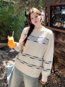 Autumn/Winter Sweet & Cool Round Neck Striped Patchwork Women's Sweater - Apricot - View 1