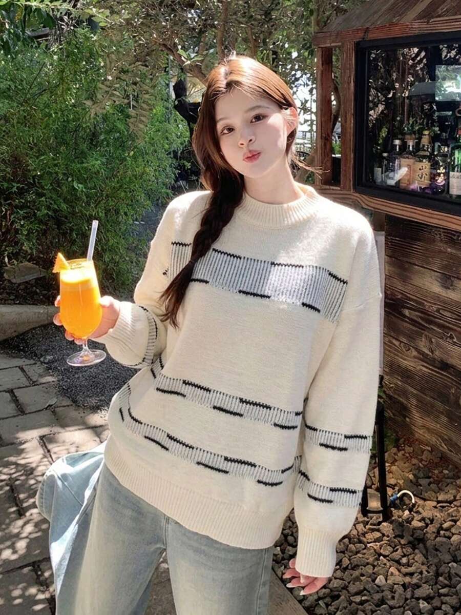 Autumn/Winter Sweet & Cool Round Neck Striped Patchwork Women's Sweater - Apricot - View 1