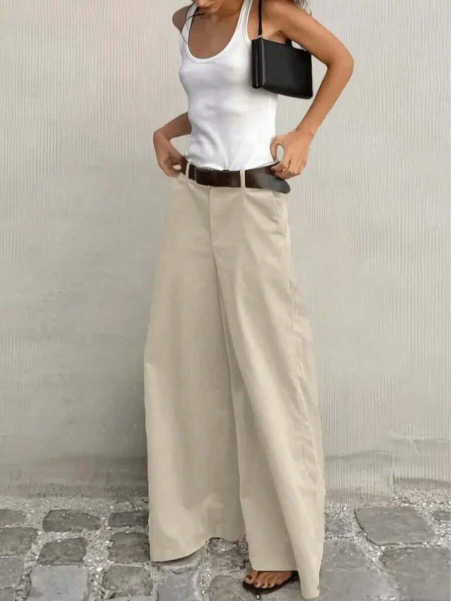 女款時尚優雅休閒日常通勤辦公室素色長褲,雙口袋方便日常通勤,舒適柔軟面料讓您感到舒適 - 無腰帶 - 杏色 - 查看 1