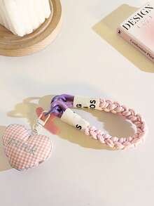 1pc Niche Personalized Pink Plaid Heart Pendant Phone Case Lanyard Short Wrist Strap Bag Charm Nylon Rope Universal Phone Lanyard - Multicolor - View 3