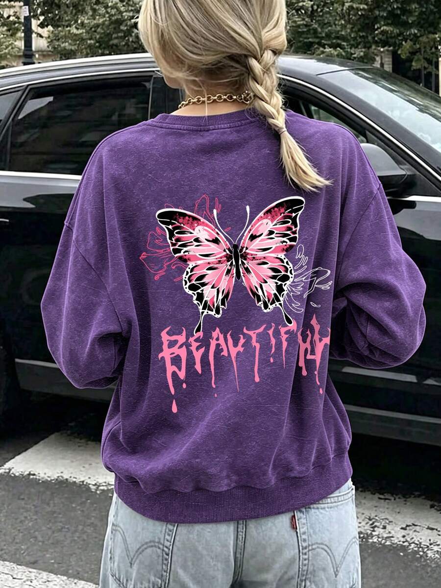 1pc Teen Girls Round Neck Sweatshirt, Pink Bowknot Print, Vintage Sweet Style Autumn/Winter New Fashion Top - Purple - View 1