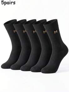 1/5 Pairs Men's Letter Print Business Casual Socks, Comfortable And Breathable, Moisture-Wicking, Suitable For Daily, Office, Formal Wear, Autumn/Winter - Black - View 8