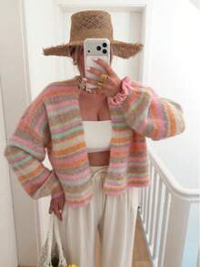 Women's Colorful Striped Knit Cardigan, Autumn Loose Soft Short Buttonless Outerwear, Vintage Slouchy Sweater Jacket - Multicolor - View 2
