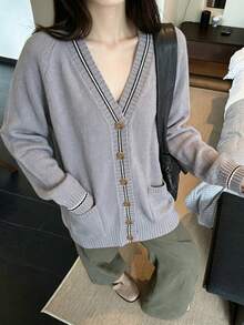 Grey Knitted Cardigan For Women, Mid-Length Loose Fit Versatile Jacket, Spring/Autumn New Arrival - Grey - View 3