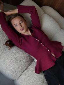 Sexy Knitted Top, Autumn And Winter Sweater, Long-Sleeved Ruffle Hem Knitted Cardigan, Burgundy, White, Black, For Daily Gala And Party - Burgundy - View 1