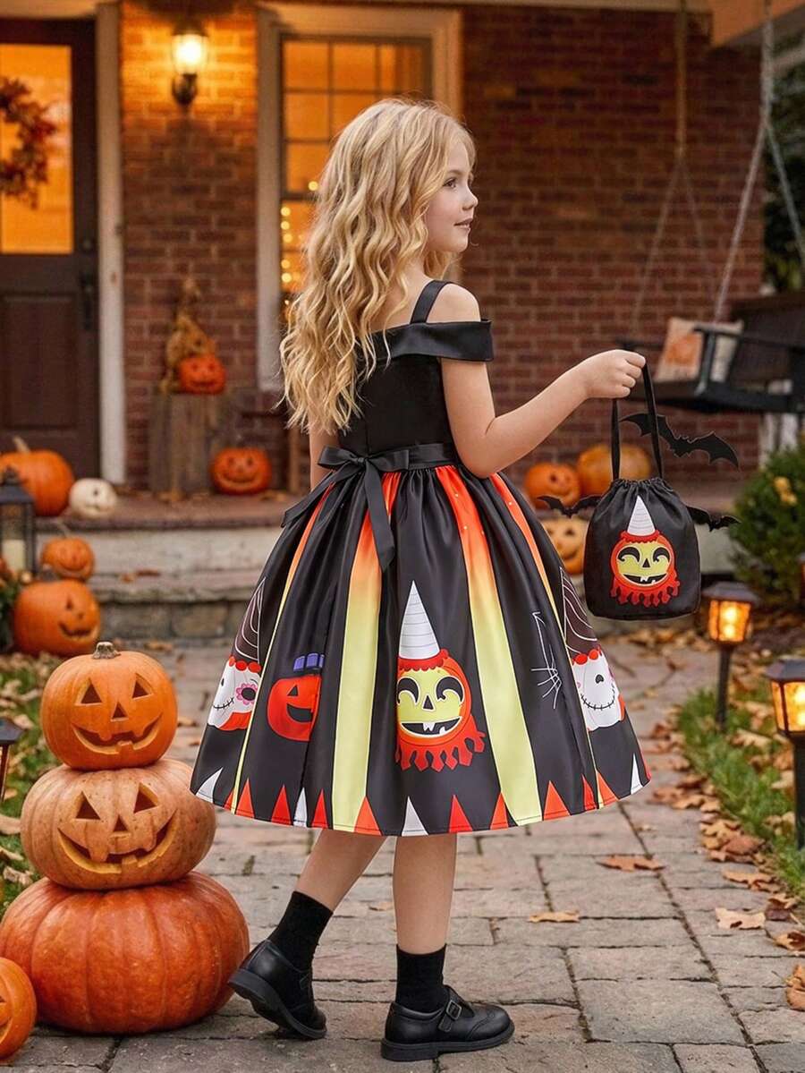 Young Girls Thick Strap Pumpkin Pattern Satin Stage Princess Dress Suitable For Halloween Party Celebration, Includes Bag, No Headband, Dress Pattern Random Cut Direction Not Fixed - Black - View 1