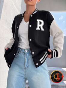 1pc Teen Girls' Spring/Autumn/Winter Colorblock Baseball Jacket, Fleece Lined Thickened Letter Print Ribbed Loose Outdoor Sports Casual - Black - View 1