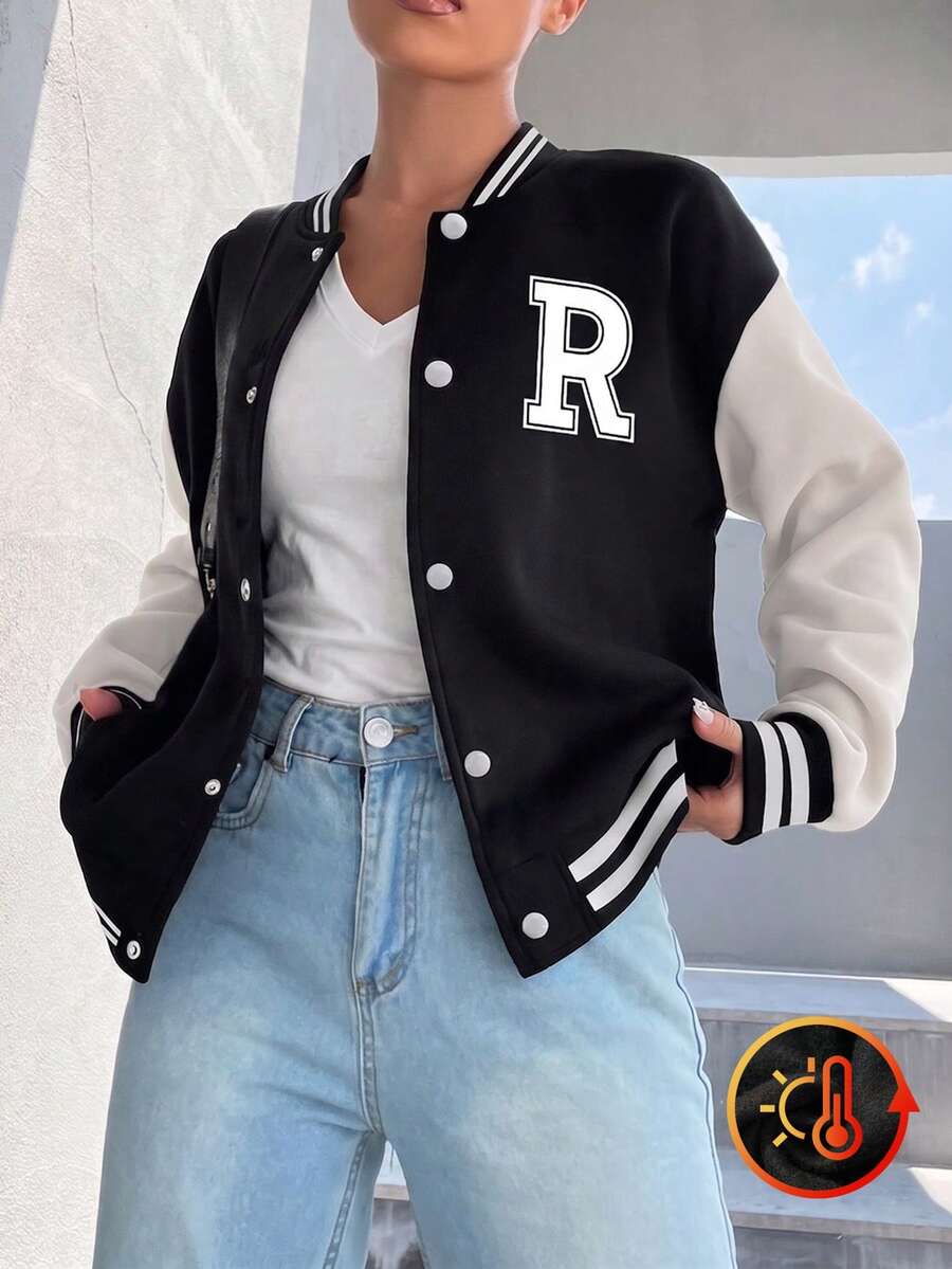 1pc Teen Girls' Spring/Autumn/Winter Colorblock Baseball Jacket, Fleece Lined Thickened Letter Print Ribbed Loose Outdoor Sports Casual - Black - View 1