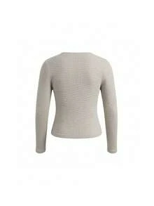 Textured Bow V-Neck Fitted Waist Long Sleeve T-Shirt Base Layer Top For Women - Apricot - View 6