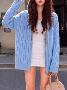 Women's Winter Casual Minimalist Cable Knit Hooded Cardigan Jacket - Blue - View 3
