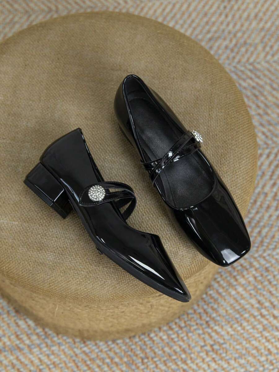 Women's Colorblock Handmade Low Heel Mary Jane Pumps, Super Soft Leather Shoes With Chunky Heel, Comfortable For Commuting, All Season - Black - View 1