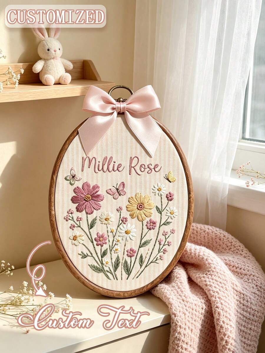 Custom Name Embroidered Hoop Wall Decor, Handmade Wildflower & Butterfly Pattern Embroidery Art Frame With Satin Bow, Personalized Text Wall Plaque, Bohemian Style Room Wall Decoration - Multicolor - View 1